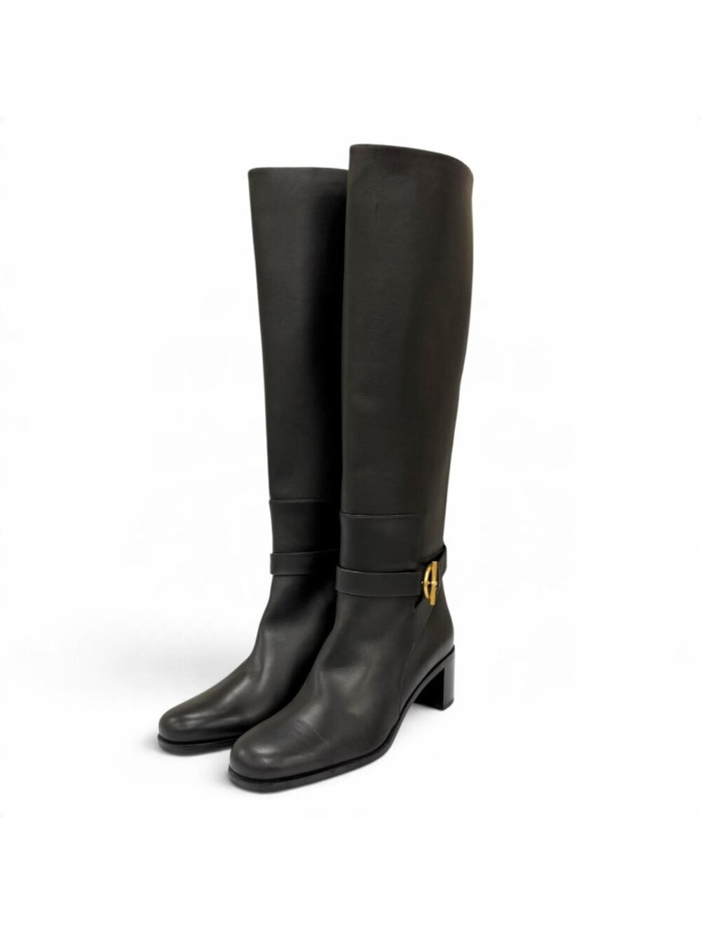 Hermes Boots Justin 50 Gold Glenan Buckle Leather Long Black